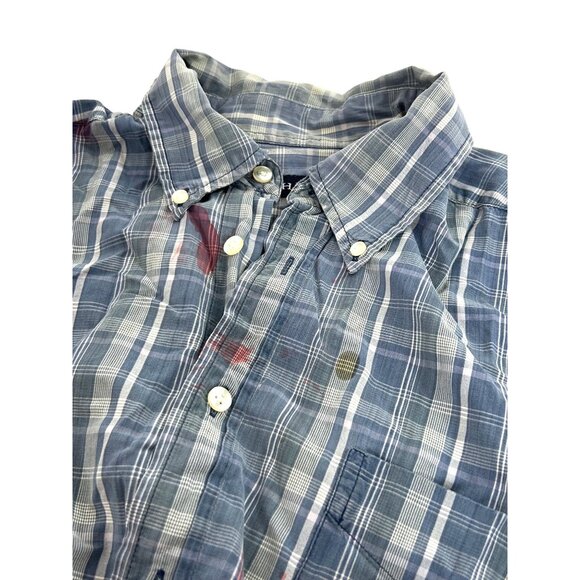 Halloween Costume Men’s Zombie Shirt Blue White Plaid L Vtg ‘“Blood” Long Sleeve - Picture 8 of 11